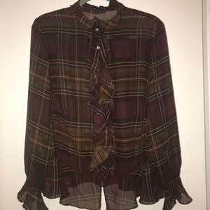 ✅CHAPS SHEER PLAID RUFFLE TOP SIZE 1X✅